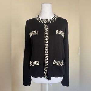 Adrianna Papell Black Pearl-Trim Knit button Cardigan NWT